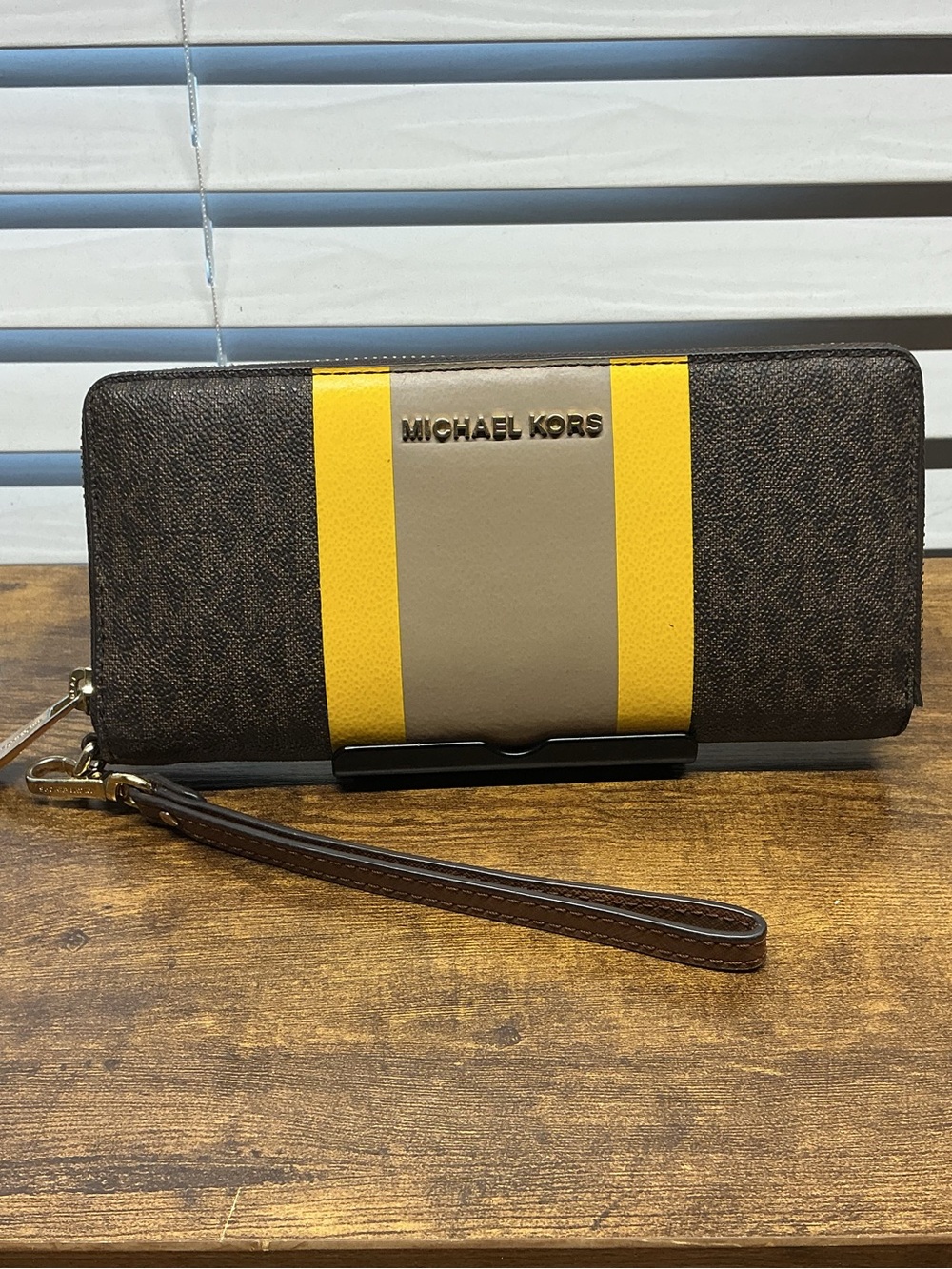 Michael Kors Brown, Yellow & Tan Signature Wristlet Wallet